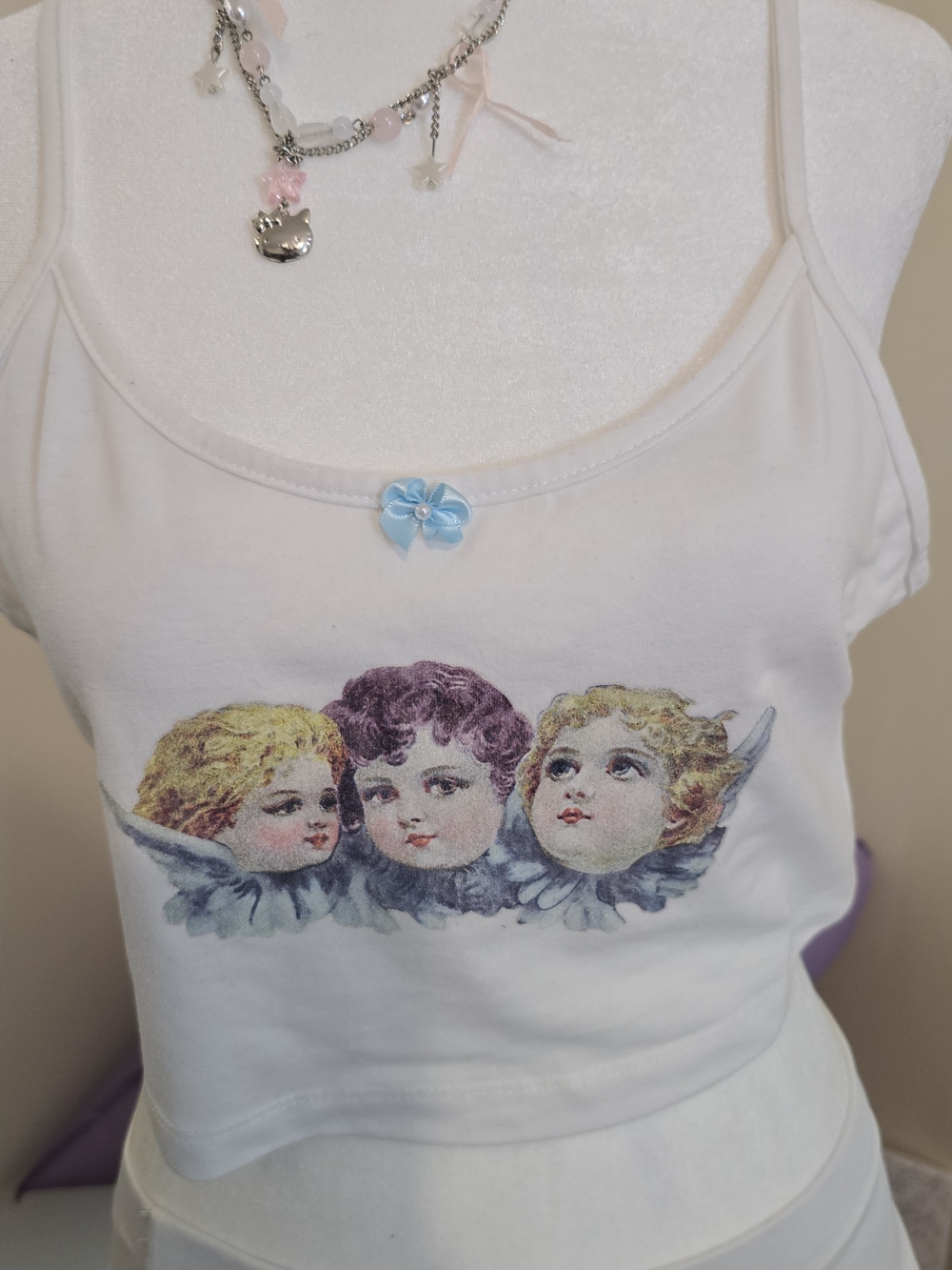 Vintage-Style Angel Cherub Graphic Cami Crop Top Pearl Blue Bow L Coquette